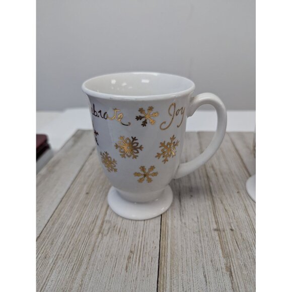 Footed Coffee Mugs Cups Set 2 Gibson Celebration Gold Snowflakes Holiday - Picture 4 of 7